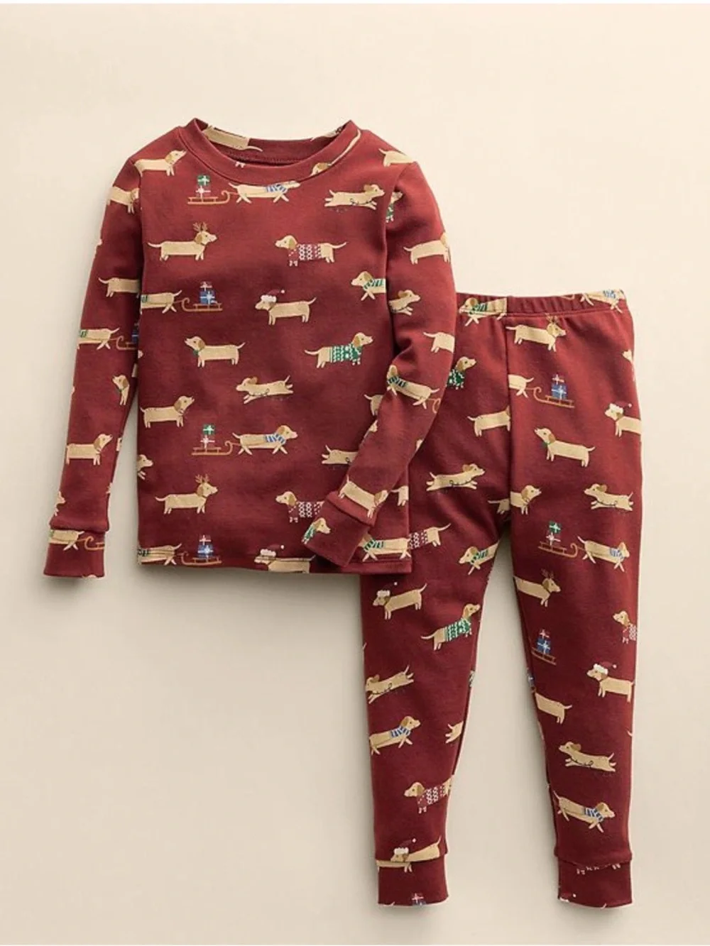 NEW Burgundy Dachshund Christmas Print Pajama Set  Long Sleeve & Pants SZ 12M